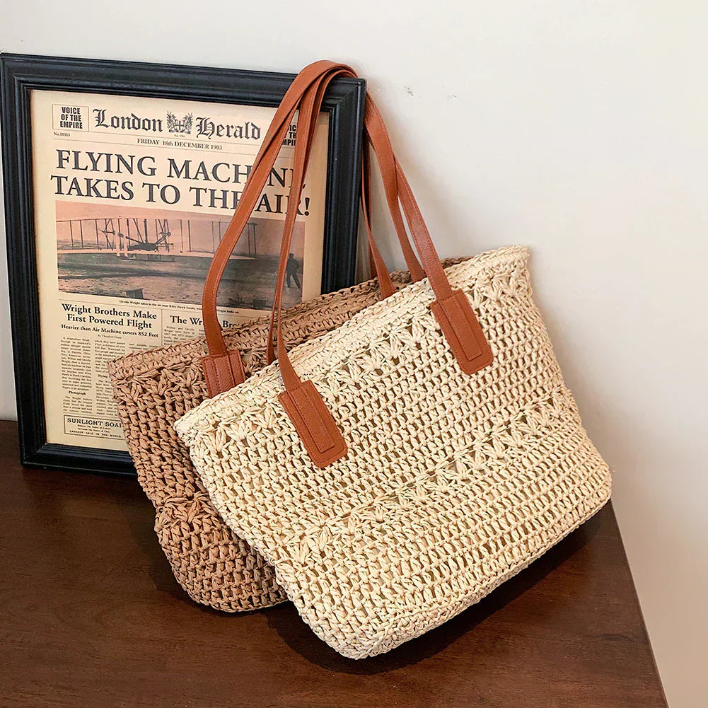 Stylish Woven Tote Bag with Brown Leather Shoulder Straps