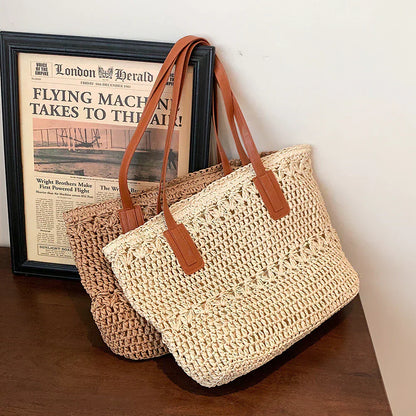 Stylish Woven Tote Bag with Brown Leather Shoulder Straps