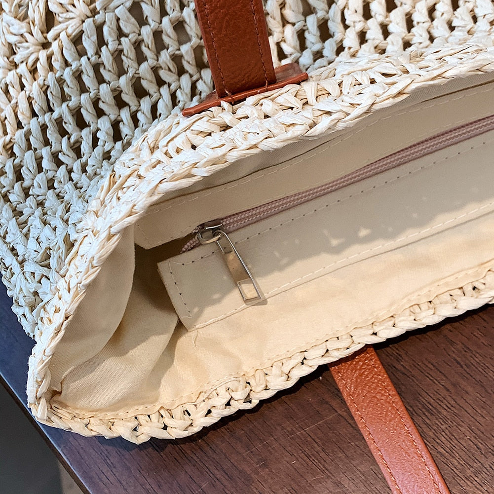 Stylish Woven Tote Bag with Brown Leather Shoulder Straps