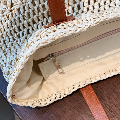 Stylish Woven Tote Bag with Brown Leather Shoulder Straps