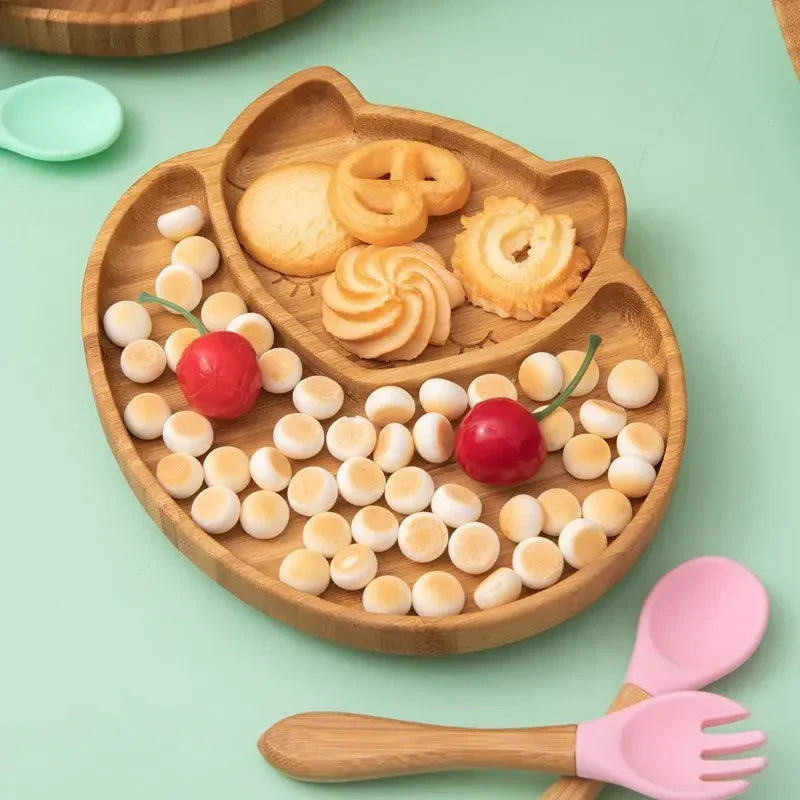 Natural Bamboo Baby Dish Set with Strong Suction Base