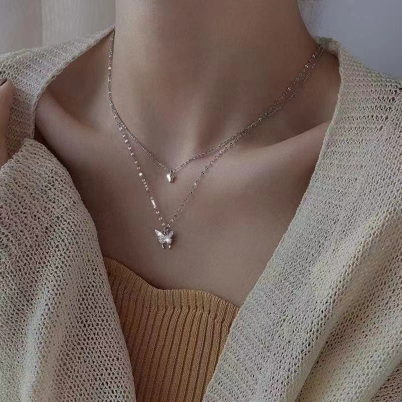 Delicate Feather Double Layer Silver Necklace