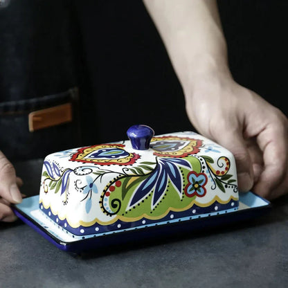 Colorful Painted Ceramic Butter Dish