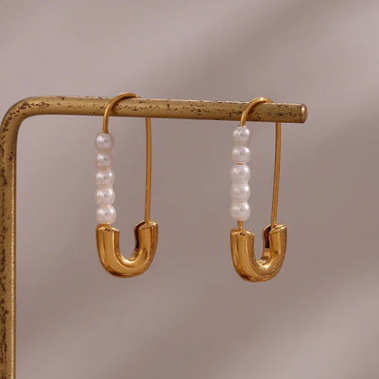 Luxurious Pearl Drop Safety Pin Earrings - Fesara