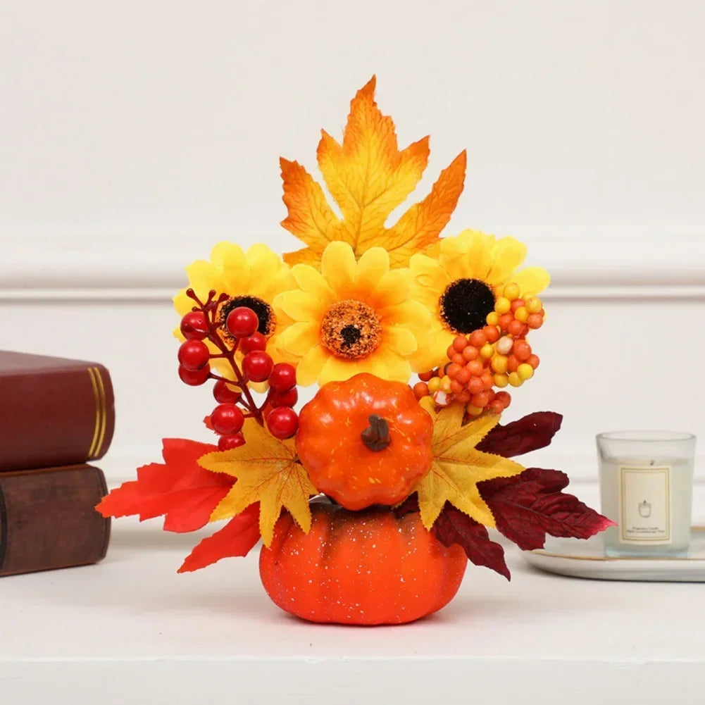 Fall Decorative Pumpkin with Fake Flowers, 25-30cm