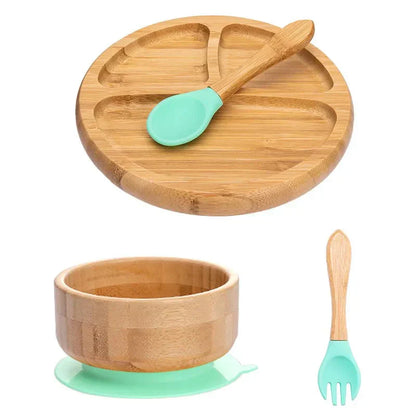Natural Bamboo Baby Dish Set with Strong Suction Base