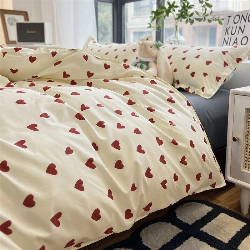 Cute Heart Duvet Cover Set - Soft Floral Bedding
