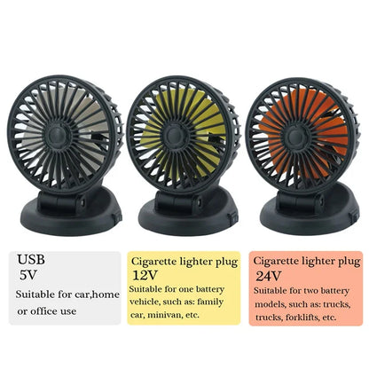 Portable Car Fan with USB and Cigarette Lighter Adapter