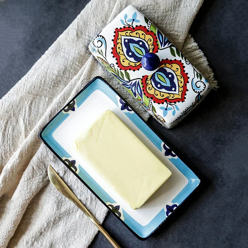 Colorful Painted Ceramic Butter Dish - Fesara