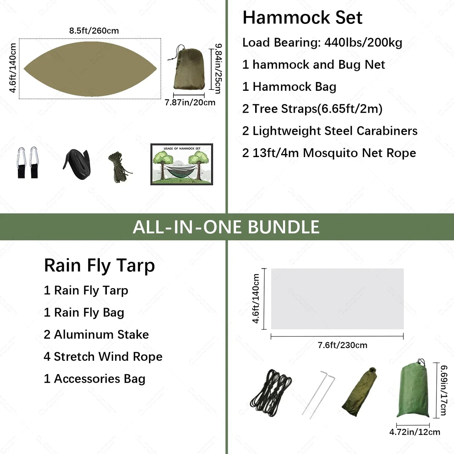 Lightweight Portable Camping Hammock with Bug Net & Rain Fly