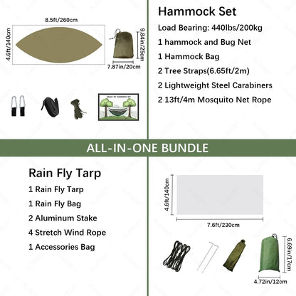 Lightweight Portable Camping Hammock with Bug Net & Rain Fly