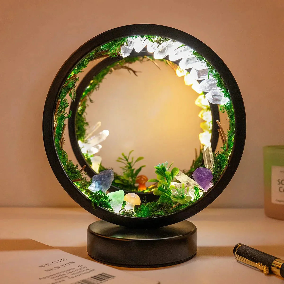 Stylish Night Lamp - Round Green Crystal Accent