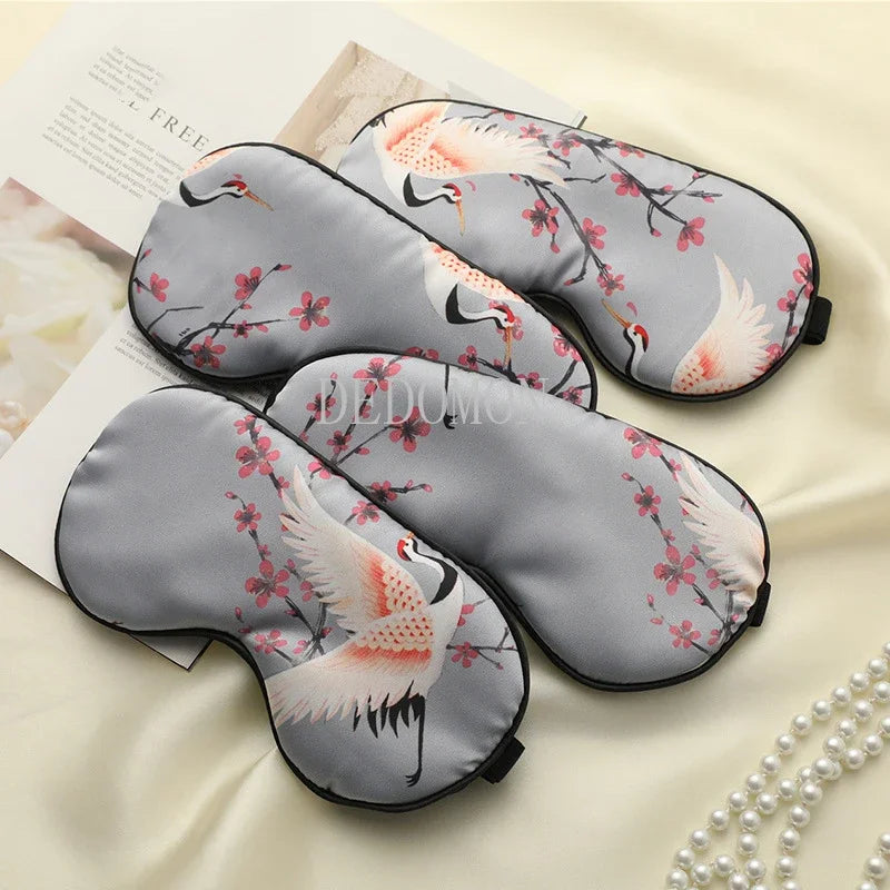 Soft Silk Eye Mask with Elegant Crane Pattern