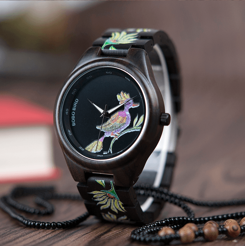 Natural Bamboo Wood Ladies Watch with Floral Face
