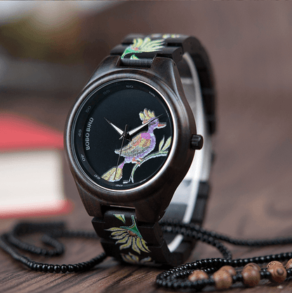 Natural Bamboo Wood Ladies Watch with Floral Face