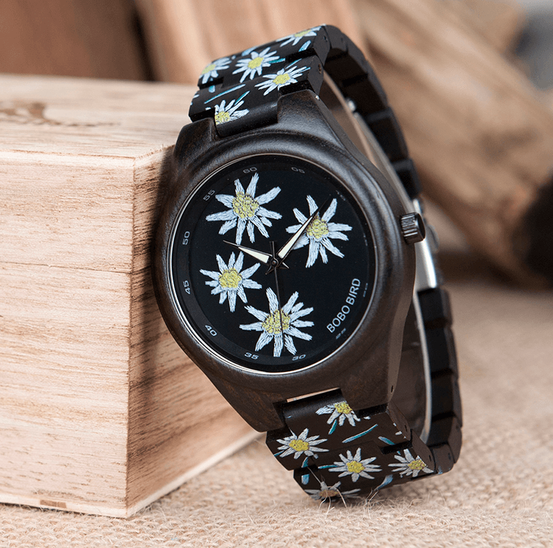 Natural Bamboo Wood Ladies Watch with Floral Face