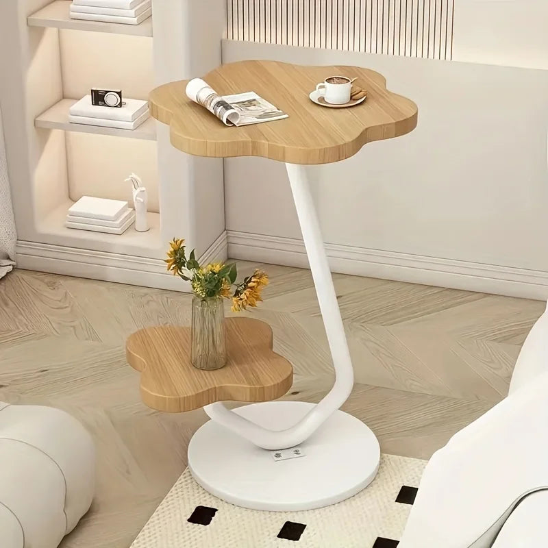 White Floral End Table with 2 Tier Storage and Metal Base - Fesara