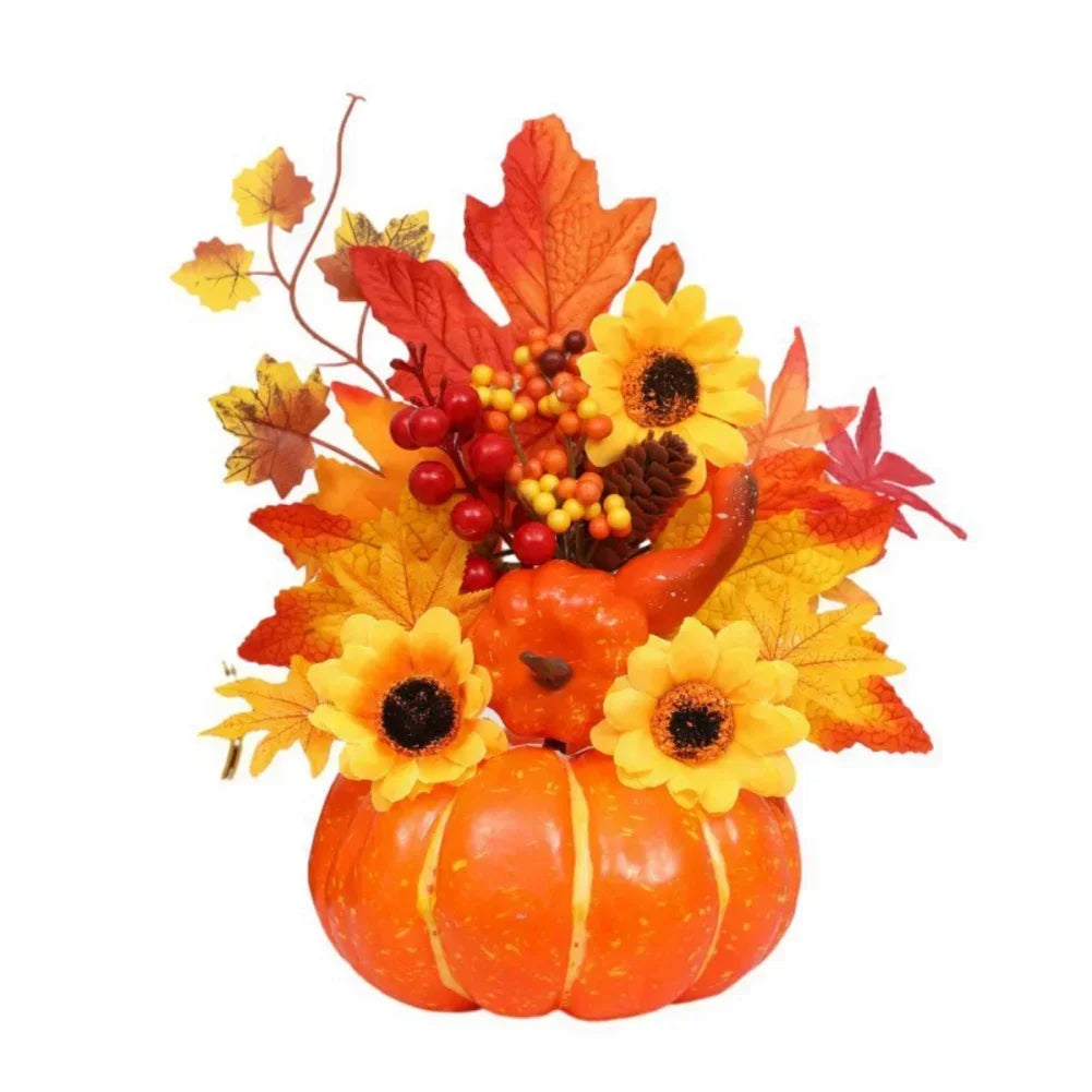 Fall Decorative Pumpkin with Fake Flowers, 25-30cm - Fesara