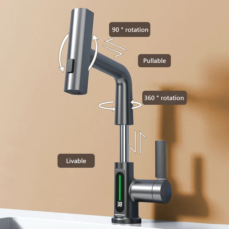 Modern Stainless Steel Faucet with LED Temp Display