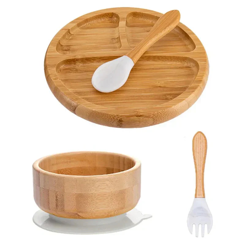 Natural Bamboo Baby Dish Set with Strong Suction Base