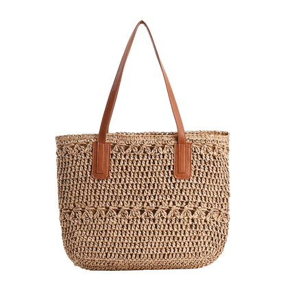 Stylish Woven Tote Bag with Brown Leather Shoulder Straps