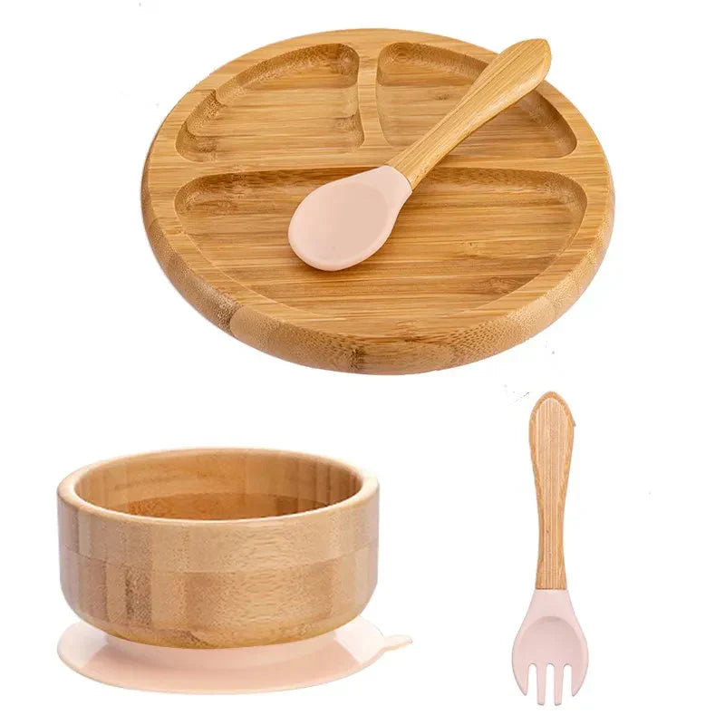 Natural Bamboo Baby Dish Set with Strong Suction Base