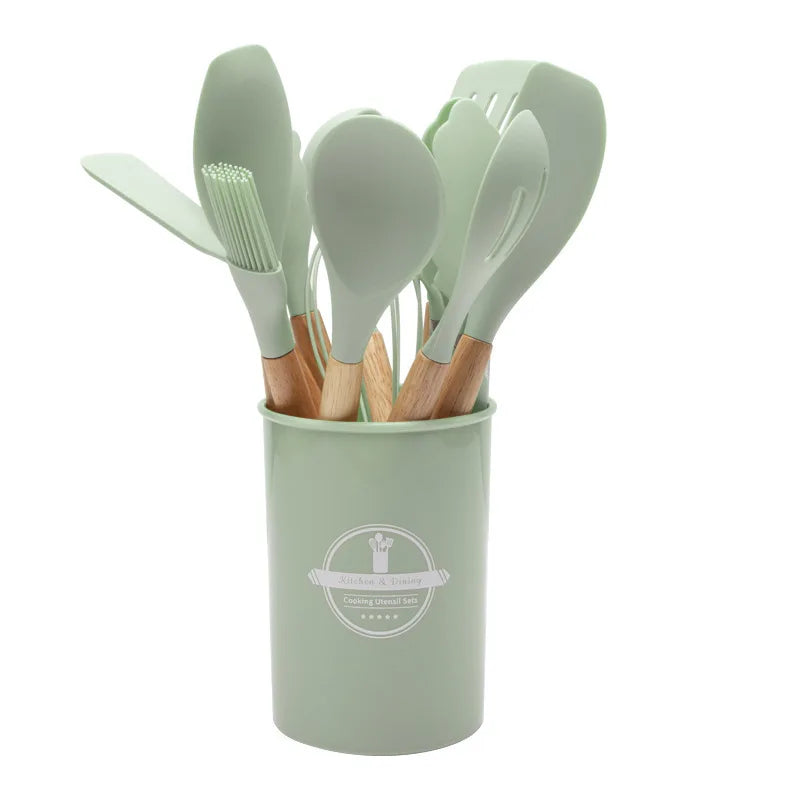 Non-Stick Silicone Kitchen Tools Set with Wooden Handles