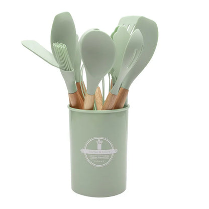 Non-Stick Silicone Kitchen Tools Set with Wooden Handles