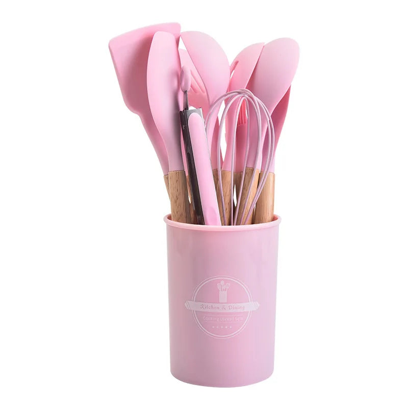 Non-Stick Silicone Kitchen Tools Set with Wooden Handles