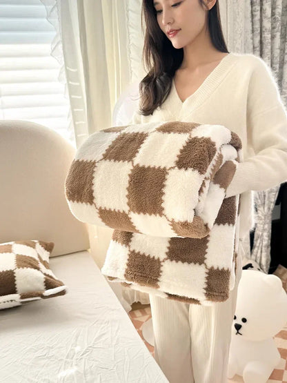 Cozy Plush Throw Blanket with Pink Check Design