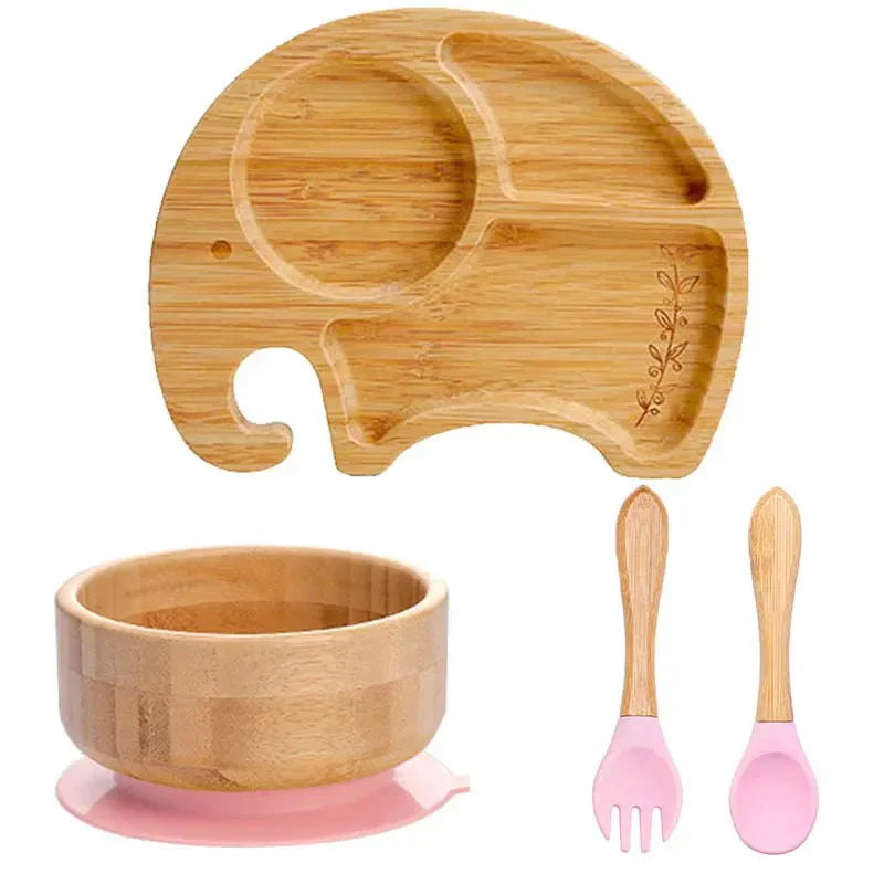 Natural Bamboo Baby Dish Set with Strong Suction Base
