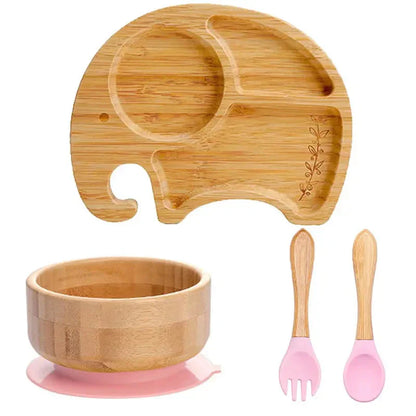 Natural Bamboo Baby Dish Set with Strong Suction Base