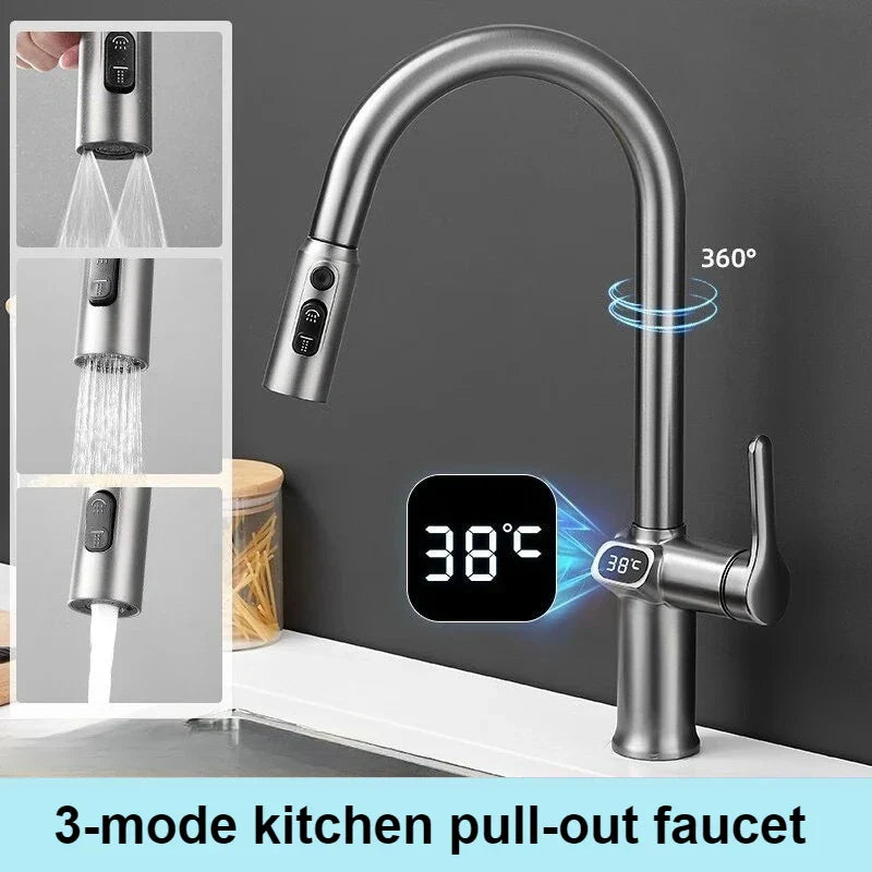 Touch Control Kitchen Faucet with LED Display and Rotating Spout
