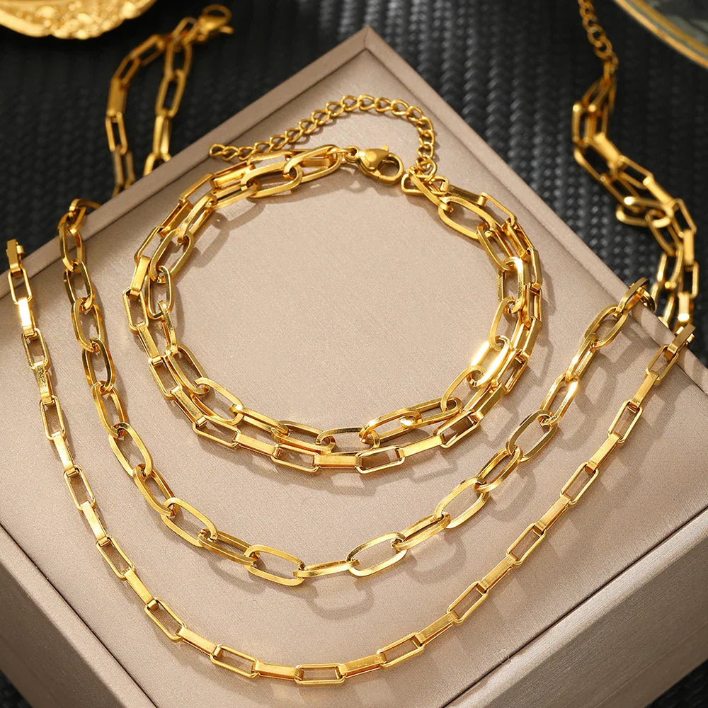 Stackable Paperclip Chain Bracelet Necklace Set