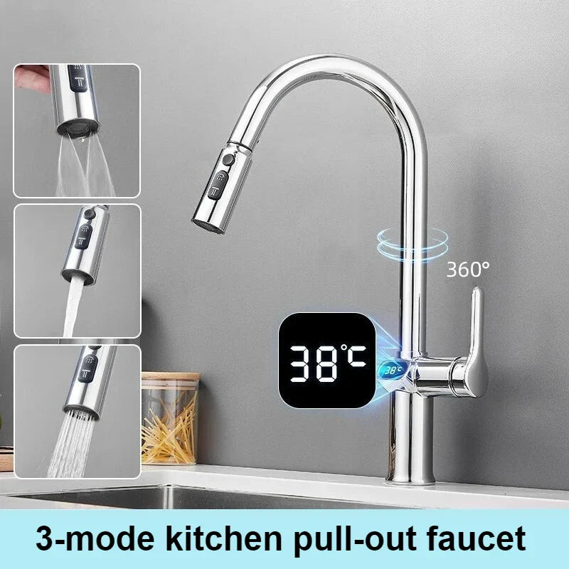 Touch Control Kitchen Faucet with LED Display and Rotating Spout