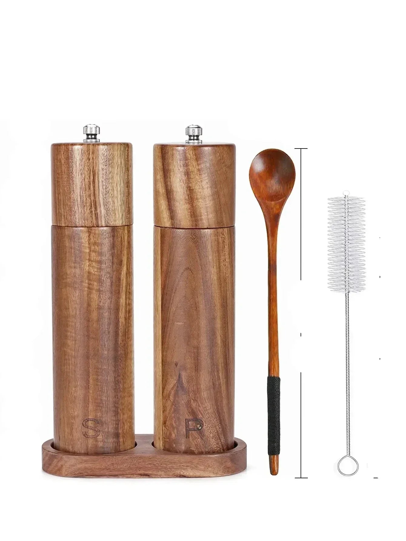 Premium Wooden Salt and Pepper Grinder Set with Tray