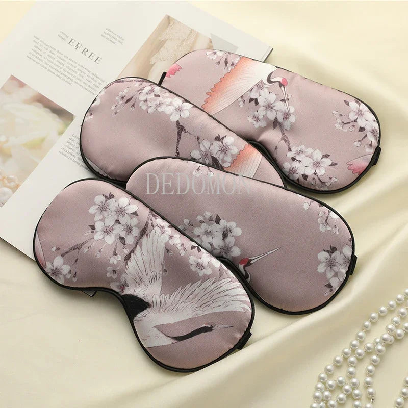 Soft Silk Eye Mask with Elegant Crane Pattern