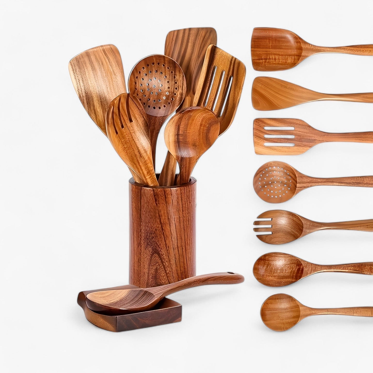Natural Wood Kitchen Tool Set - 9 Piece Cooking Utensils - Fesara