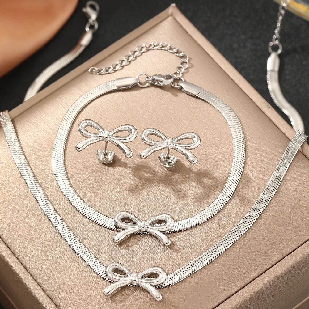 Delicate Bow Herringbone Jewelry Set for Women