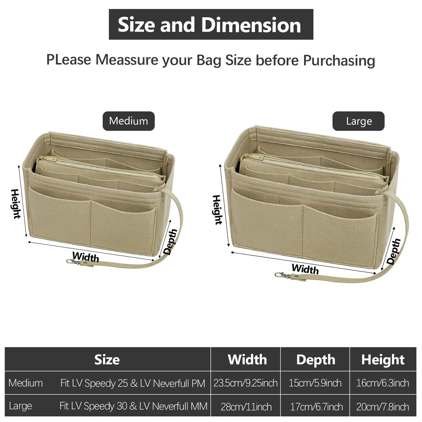 Premium Organizer Insert with Zipper and 15 Pockets