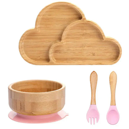 Natural Bamboo Baby Dish Set with Strong Suction Base