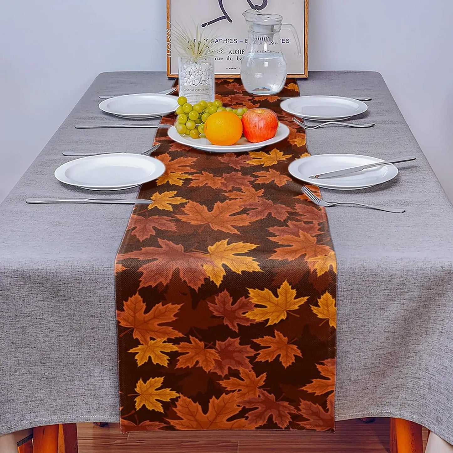 Fall Decor Table Runner, Soft Linen, Autumn Leaf Design