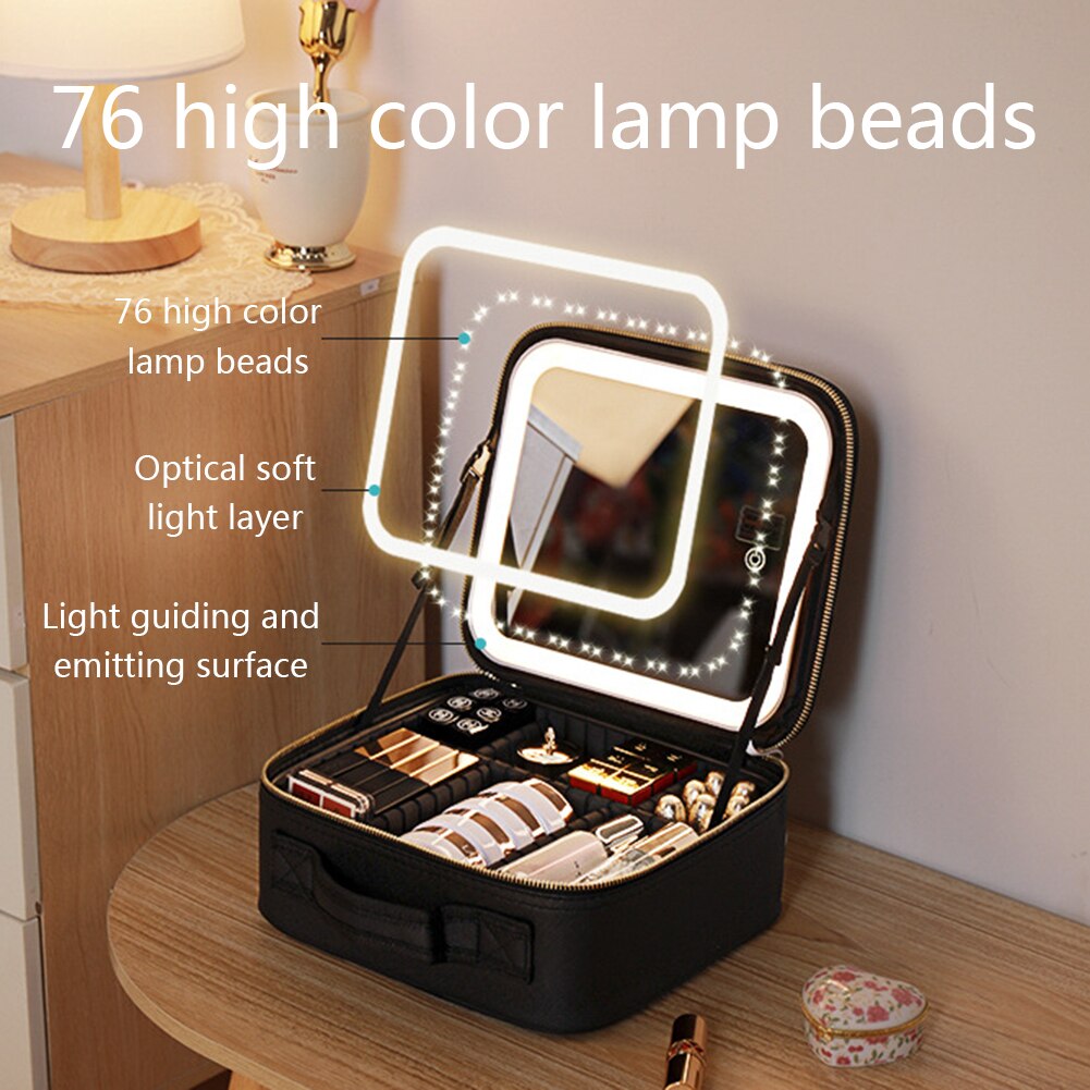 Compact Travel Cosmetic Box with LED Light & Mirror