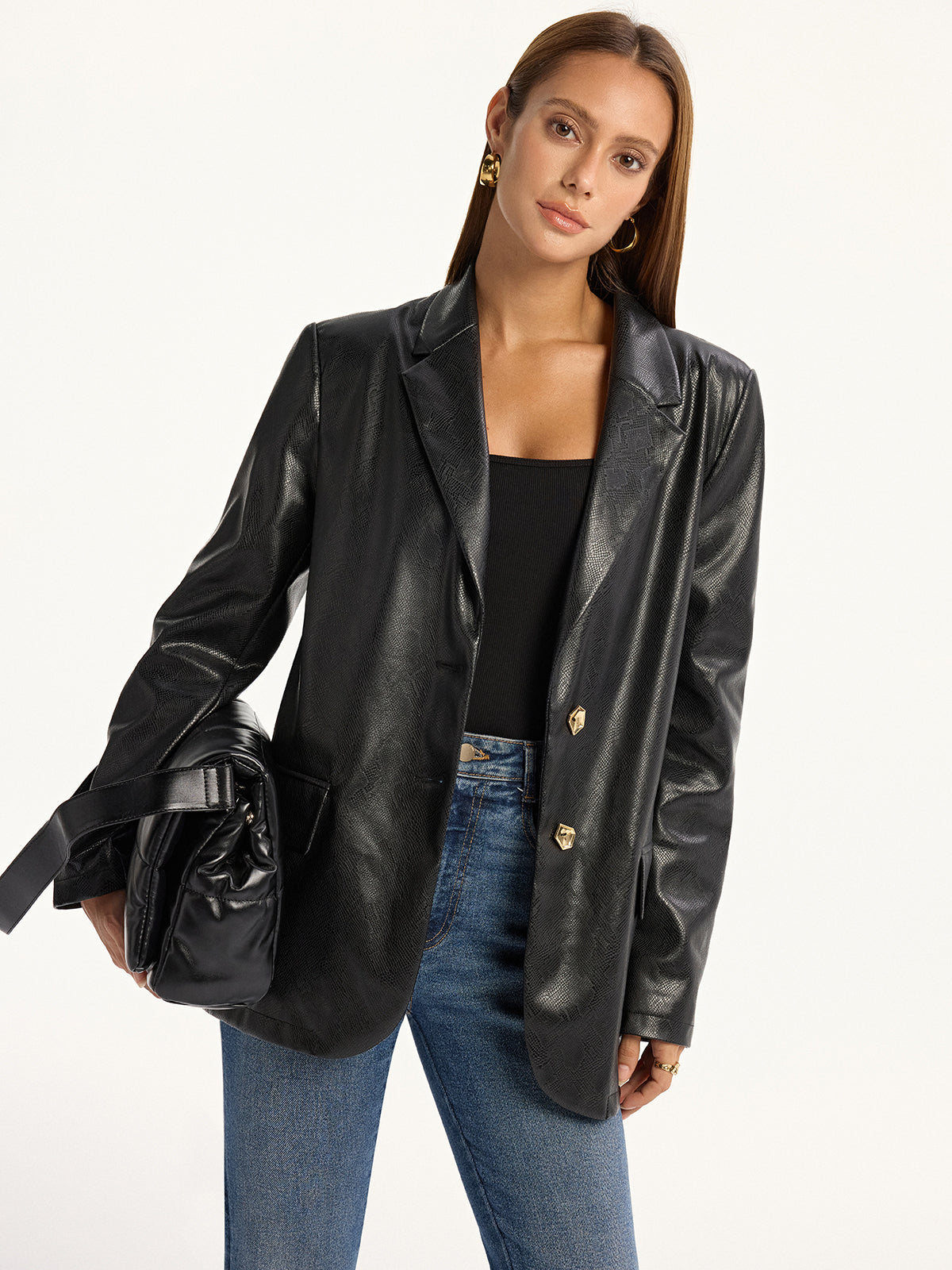 Edgy Snake Pattern Faux Leather Jacket - Fesara