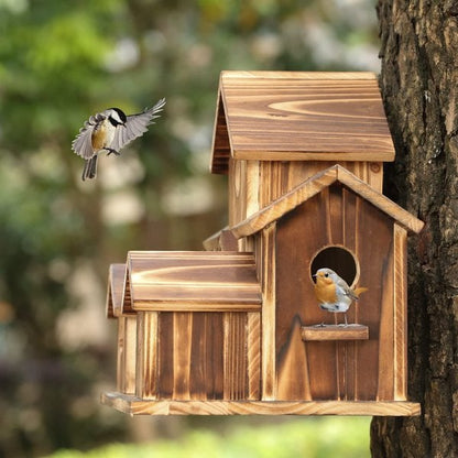 Natural Wooden Bird House with 6 Holes for Outdoor Garden