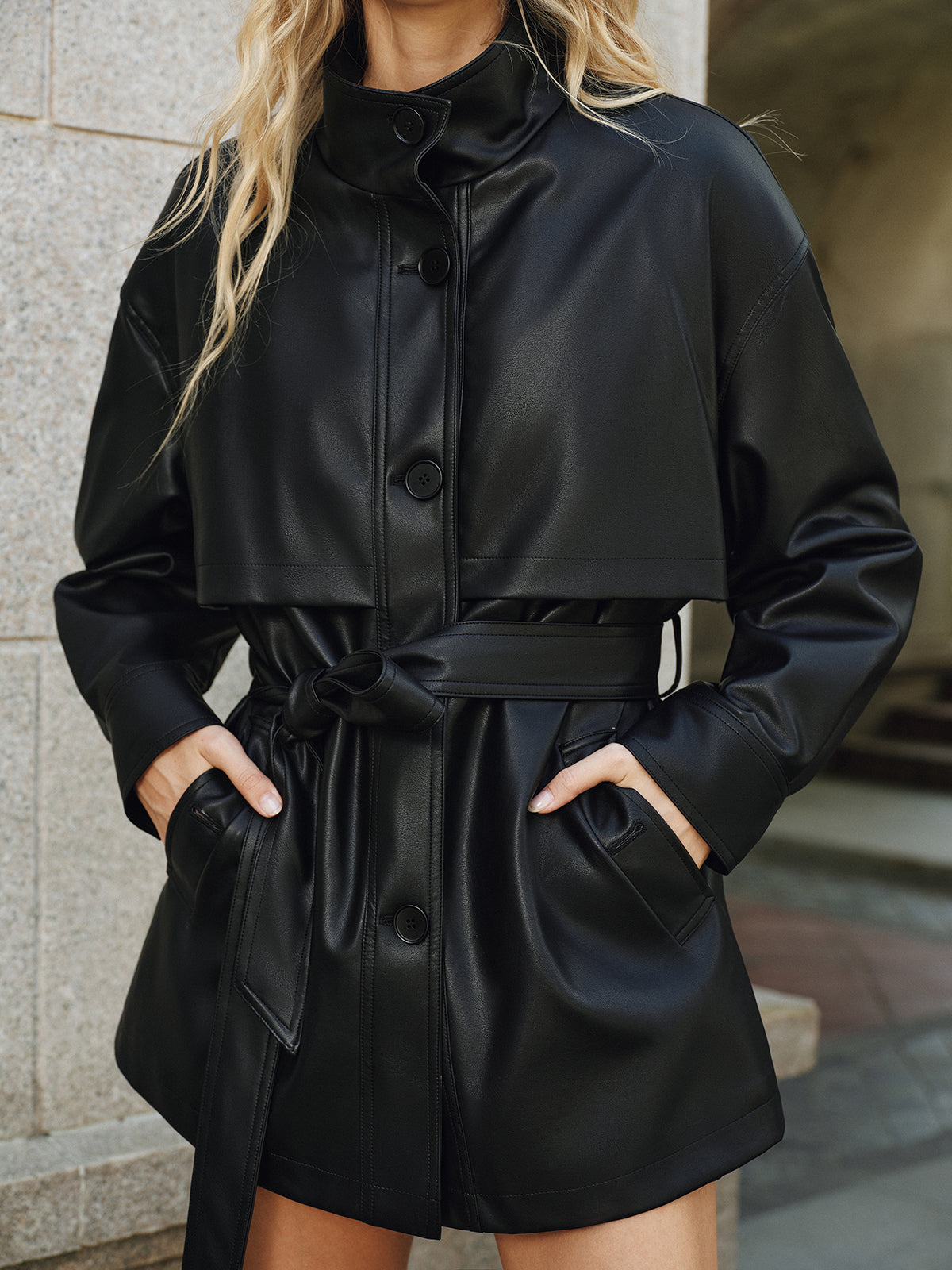 Stand Collar Belted PU Leather Quilted Jacket 2