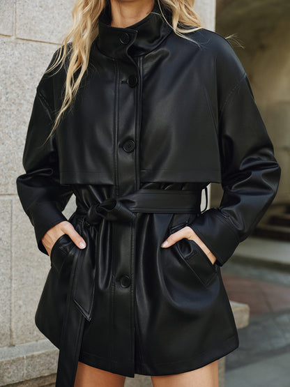 Stand Collar Belted PU Leather Quilted Jacket 2