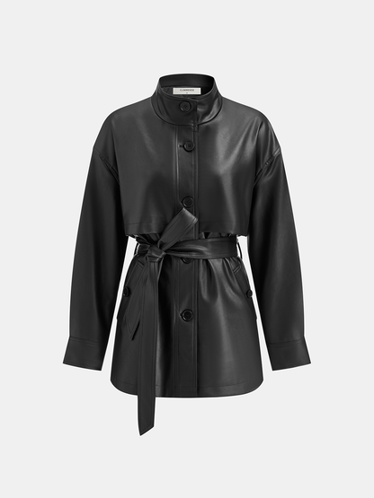 Stand Collar Belted PU Leather Quilted Jacket 7