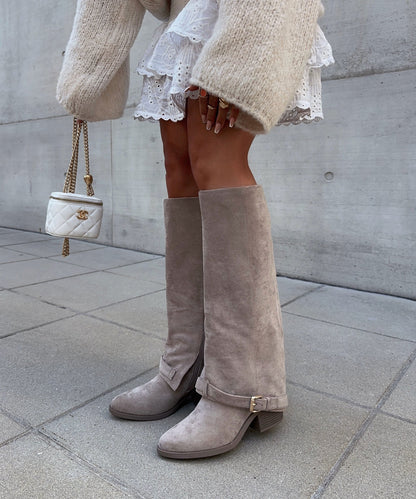 Stylish Beige Knee High Boots with Comfortable Heel Height for Everyday Wear 1