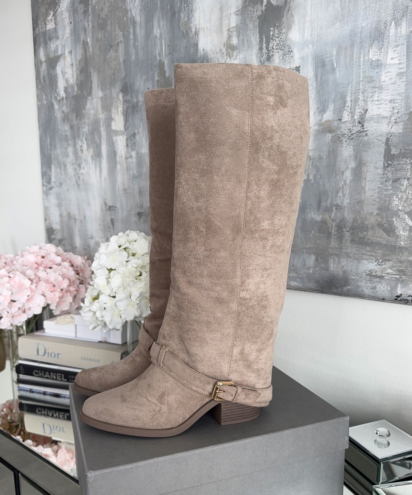 Stylish Beige Knee High Boots with Comfortable Heel Height for Everyday Wear 2